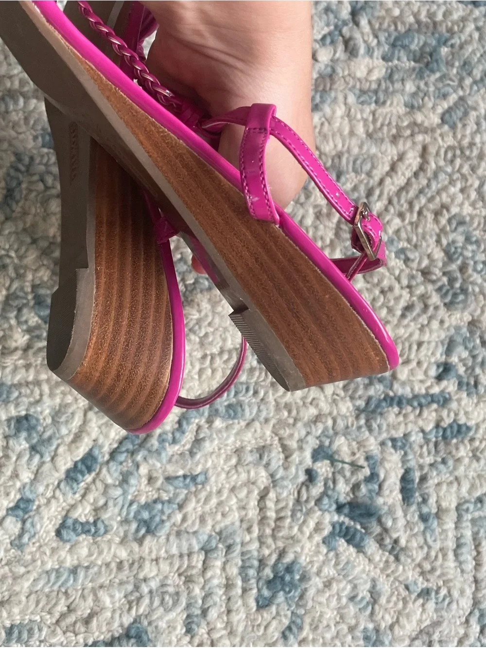 Talbots Womens Bright Fuchsia Braided T-Strap Heeled Sandals Wedges Size 9.5